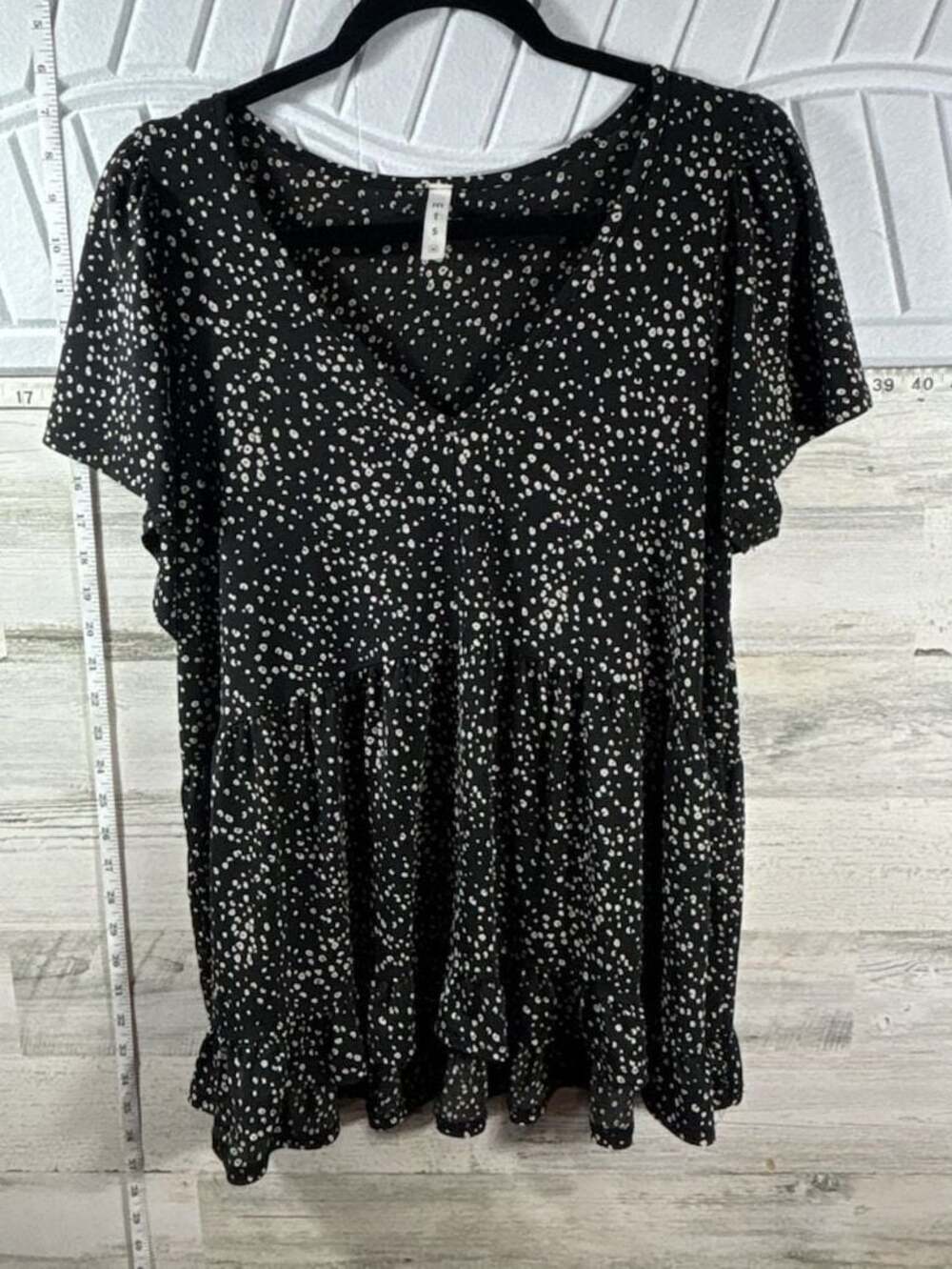 MTS Black and White Polka Dot V-Neck Flutter Sleeve Tiered Babydoll Top